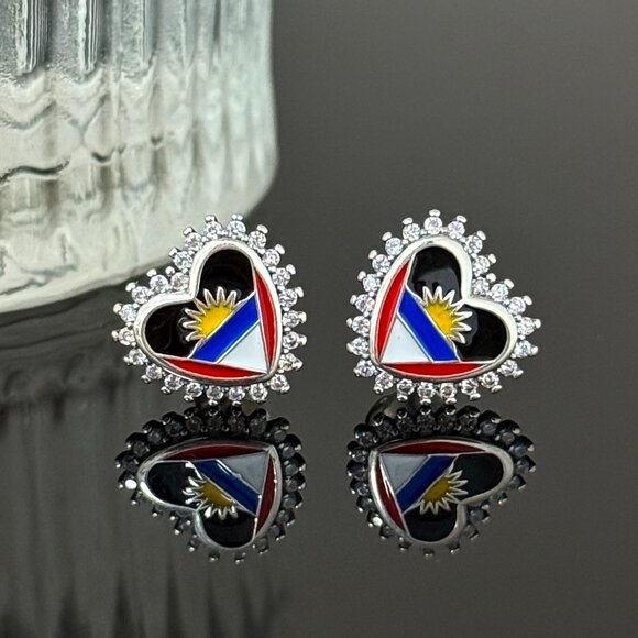 Jewelry - Antigua Flag Earrings Heart bling S925 Sterling Silver Handmade Ear Stud
